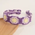 Bohemian crochet wide headband with purple and yellow floral knit design, perfect for women's hair. - Purple