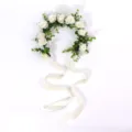 Exquisite white camellia floral crown hair accessory with long ribbons, perfect for bridal wedding. - White