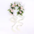 Bohemian bridal flower crown with pink roses and white ribbons for wedding and vacation. - Pink