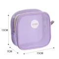 Purple mesh cosmetic storage bag detail, portable zipper pouch with 15x7x15cm dimensions. - Purple
