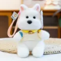 Leuke witte pluche hond sleutelhanger met gele pyjama en roze band, zacht bureau dier speelgoed. - West Highland Terriër