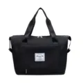 Large capacity foldable travel duffel bag detail view, black portable fitness luggage bag. - Black