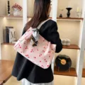 Pink corduroy tote bag for women, cute cherry print shoulder bag with stylish silk scarf detail. - Pink Cherry
