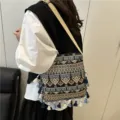 Ethnic style cross-body shoulder bag with geometric woven patterns and cute tassels for women. - Green