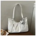 Korean style polka dot hobo shoulder bag with stylish silver star pendant and large capacity tote. - White