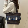 Ethnic boho style colorful woven shoulder tote bag with tassels large capacity casual handbag - Blue