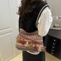 Boho ethnic fringe shoulder bag for women, casual geometric pattern large capacity tote. - Red