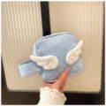 Blue star makeup pouch with white plush angel wings cute clutch portable storage bag - Blue