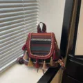Boho ethnic style women backpack with colorful diamond pattern, tassels and large capacity. - Red