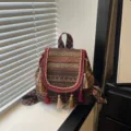 Bohemian ethnic style rhombus print backpack with tassels and geometric straps for women. - Tan
