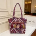 Ethnic style tassel woven tote bag, vintage geometric pattern large shoulder handbag for women - Red