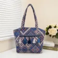 Ethnic geometric printed canvas tote bag with stylish tassels, large capacity casual shoulder bag. - Blue