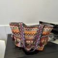 Ethnic woven tote bag for women with wide strap and tassels, large capacity daily shoulder bag. - Orange Red