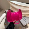 Trendy pink patent leather shoulder bag, chic women baguette handbag for daily casual commute. - Rose Red