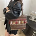 Colorful ethnic style woven shoulder bag large capacity tote bag casual women handbag 2025 - Dark Brown