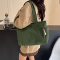 Dark green corduroy tote bag for women, large capacity casual shoulder bag, retro style. - Green