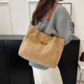Women large capacity corduroy shoulder bag stylish casual commuter tote bag with chain - Tan