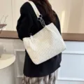 Stylish women white corduroy shoulder bag with metal chain strap, large capacity tote bag. - White