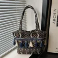 Ethnic vintage embroidered tote bag with tassels, large capacity casual shoulder bag for women. - Style 2