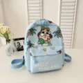 Detailed view of the cute cartoon printed lightweight waterproof school backpack with front pocket. - Blue