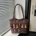 Ethnic style embroidered tote bag with tassels, retro shoulder bag for women daily commute. - Style 5