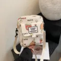 Cute cartoon print canvas crossbody shoulder bag for women, casual student small square bag. - White