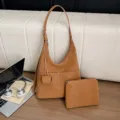 Retro brown suede tote bag and matching pouch set, casual large capacity commuter shoulder bag. - Tan
