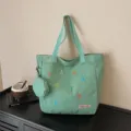 Mint green canvas tote bag with small pouch, casual large capacity student shoulder bag. - Green