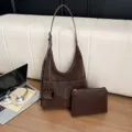 Vintage brown faux suede hobo shoulder bag set with a matching pouch, large capacity. - Coffee