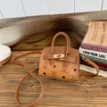 Mini brown children crossbody bag with cute bear print, PU leather toddler shoulder purse. - Brown