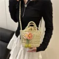 Chic Straw Woven Bucket Bag Floral Crossbody Tote Summer Casual Handbag Beige Color - With Pendant / Off White