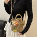 Summer sweet straw bucket bag with cute handmade floral decoration and convenient crossbody strap. - With Pendant / Khaki