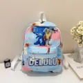 Detail view of cute kids cartoon backpack featuring blue shark print and front pocket design. - Blue