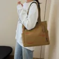 Canvas tote bag large capacity shoulder bag casual daily use brown color detailed view - Brown