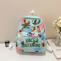Cute cartoon print children backpack with front pocket, ideal for daily school and outdoor use. - Green