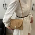 Handmade straw woven shoulder bag detail, sweet pearl clasp envelope crossbody design. - Khaki