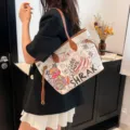 Women Graffiti Tote Bag Large Capacity Casual Shoulder Bag PU Leather Commute Handbag - White