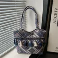 Retro ethnic style woven tote bag with tassels, large capacity casual shoulder bag. - Style 6