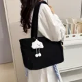Black corduroy tote bag with cute cloud pendant casual shoulder bag daily vintage purse - With Pendant / Black