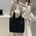 Large capacity black canvas tote bag multi pocket commuter casual handbag for daily use - Black