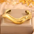 Gold irregular wide open cuff bracelet, chic minimalist stainless steel fashion jewelry for women - Gold Wave Open Bangle (SZ1159)