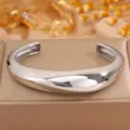 Silver stainless steel wide open cuff bracelet, chunky irregular modern stackable bangle for women - Steel Open Irregular Bangle (Style 3)