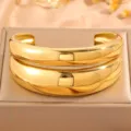 Chunky gold stainless steel double layer cuff bracelet for women trendy open bangle jewelry. - Gold Spliced Open Bangle (Style 1)