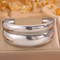 Stainless steel chunky open cuff bracelet, stylish wide stacked silver bangle for women. - Steel Spliced Open Bangle (Style 1)