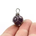 Handgemachter drahtumwickelter runder natürlicher Amethyst Kristall Stein Anhänger Detail - Einzelner Anhänger (12mm Packung) / Gold Amethyst