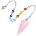 Natürlicher Kristall Hexagon Pendel Anhänger mit bunten Chakra Perlen und Metallkette. - Großer Rosenquarz-Stil / 35mmx21mm mit 7 Perlen Kette