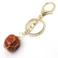 Natural wire wrapped red crystal stone keychain gold tone metal ring bag charm accessory - Lobster Clasp / Red Jasper