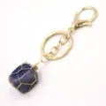 Handcrafted wire-wrapped natural crystal stone keychain with gold-toned keyring and clasp charm. - Lobster Clasp / Blue Vein Stone