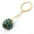 Green crystal wire wrapped keychain gold tone metal ring bag pendant fashion accessory chic - 3-Section Chain / Green Aventurine