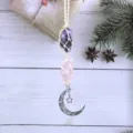 Natural gemstone crystal hanging ornament with raw amethyst rose quartz and moon star charms. - Off-White Cord + Amethyst + Rose Quartz